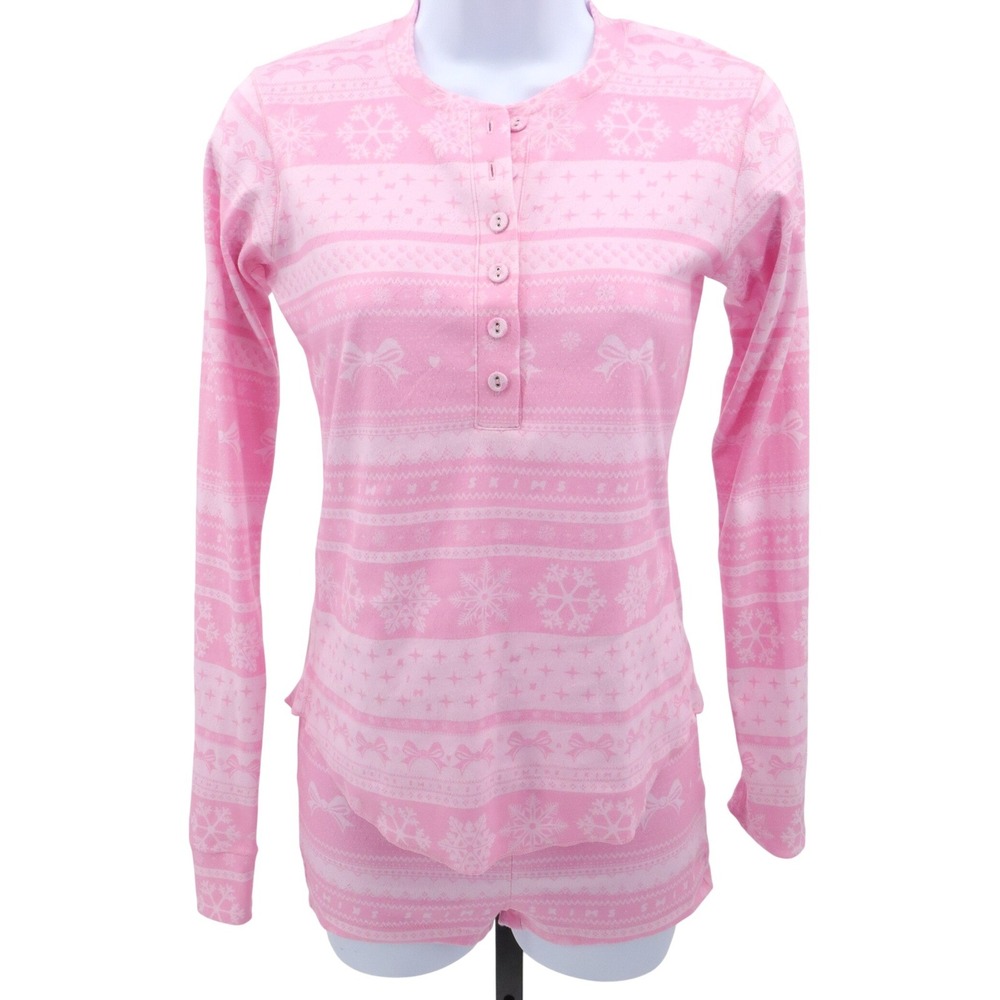 SKIMS Pink Pointelle Sleep Set S Bow Print Henley Top Shorts Lounge Pajamas - Picture 2 of 8